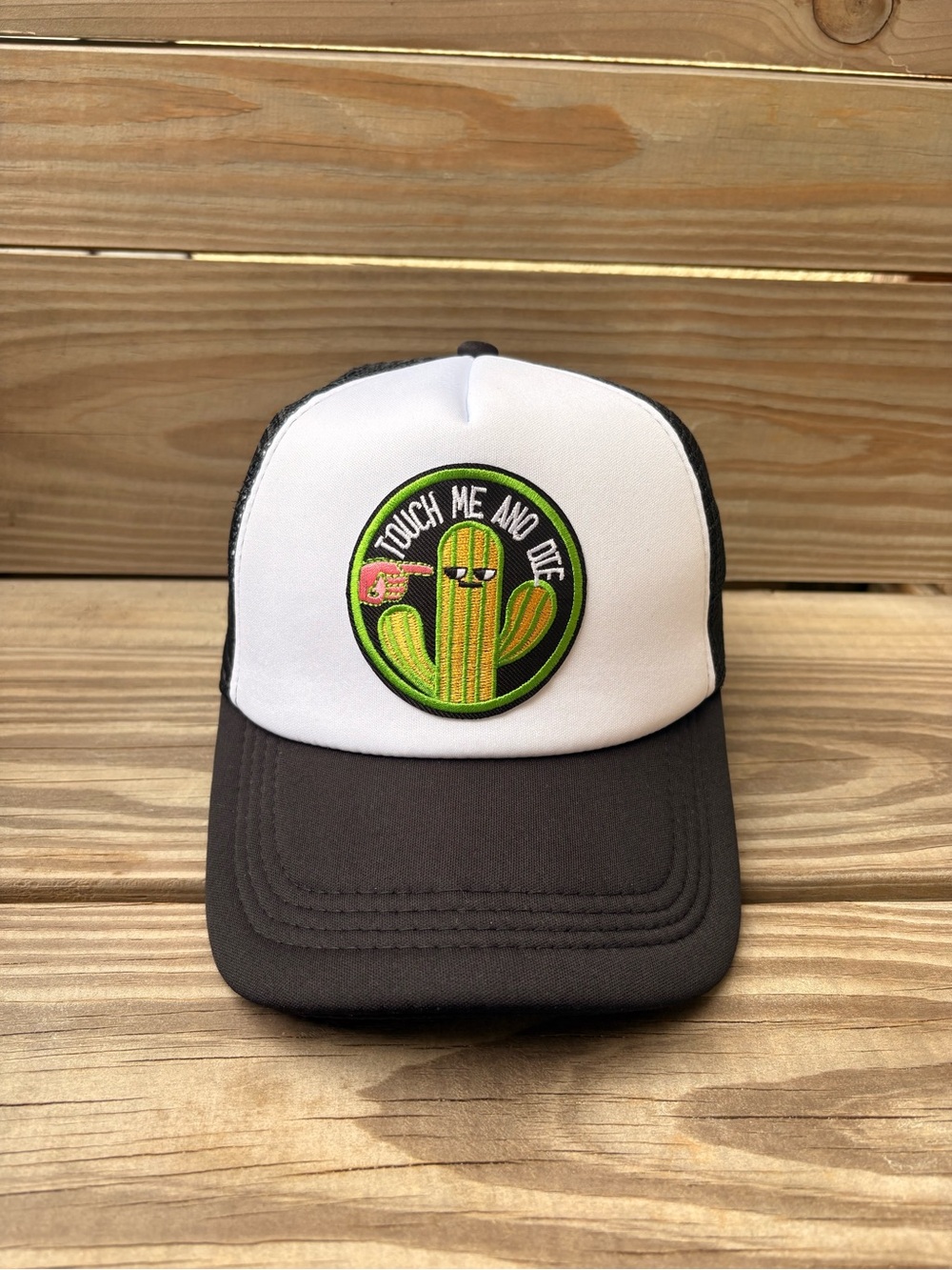 “Touch me and Die” Hand Crafted Trucker Hat with Cactus Patch - Picture 2 of 5